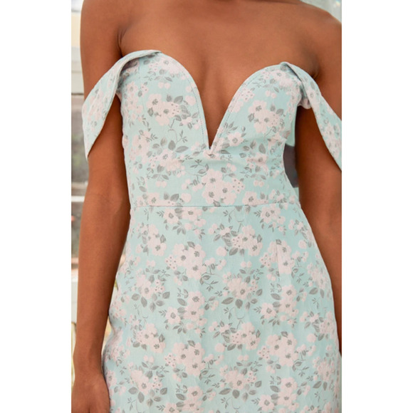 Lulus Favorite Song Dress Blue Floral Jacquard Off The Shoulder Mini NWT XS - Picture 2 of 9